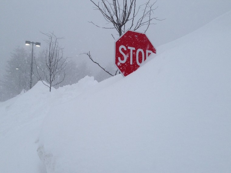 stop sign in a snow bank